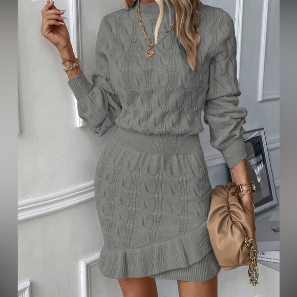 Cozy coffee brown ruffle hem cable knit sweater dress - Picture 14 of 16